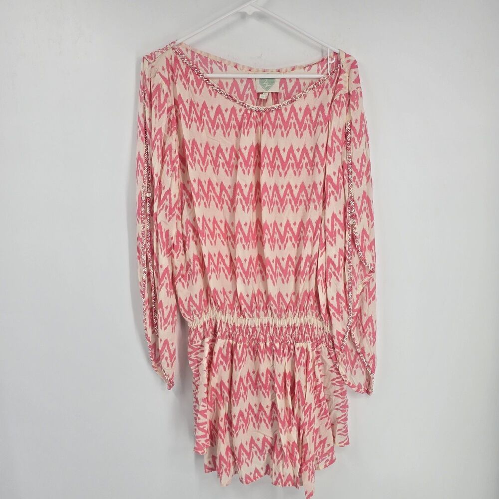 Z&L Europe Pink print light weight cover up Beaded v neck free fit size Small